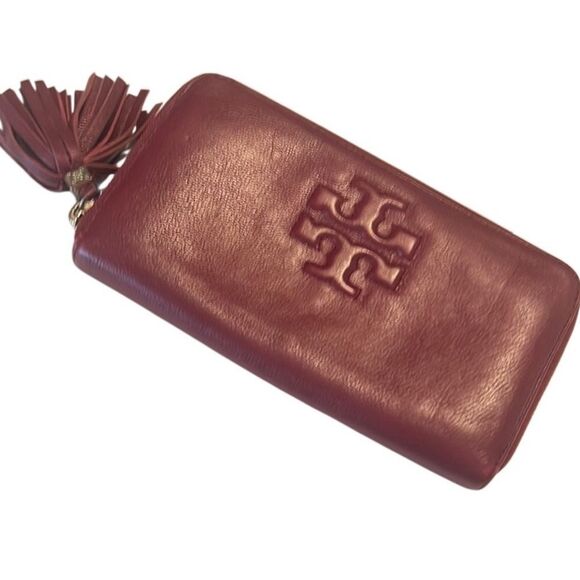 Tory Burch Thea Dark Cherry Leather Long Zip Around Continental Wallet EUC - Picture 1 of 15